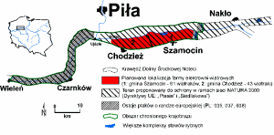 Plany lokalizacji farmy elektrowni wiatrowych w Dolinie Środkowej Noteci, na tle terenów chronionych ze względów przyrodniczych