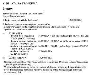 Oferta cenowa na sprzedaż polowań w ośrodkach hodowli zwierzyny Regionalnej Dyrekcji Lasów Państwowych w Białymstoku w obrocie poza granice kraju z akwizycji własnej (ceny brutto w PLN) obowiązuje od 1.04.2014