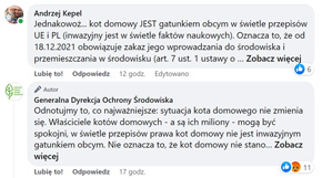 Wpis na profilu społecznościowym GDOŚ z 13 lipca 2022 r. oraz fragment dyskusji pod tym wpisem – wbrew faktom GDOŚ podkreśla, że kot domowy nie jest inwazyjnym gatunkiem obcym